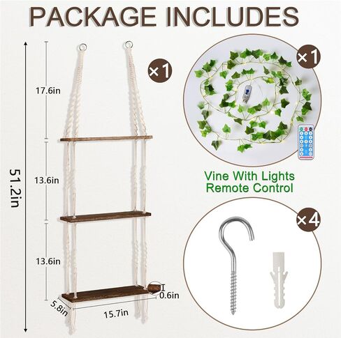 Hanging Shelf with Vine Lights, Macrame Plant Shelf, Wall Shelf, Wall Storage with Handmade Woven Ropes, Floating Shelf, Boho Room Decor Aesthetic for Succulents, Bedroom, Living Room, Bathroom in Kuwait