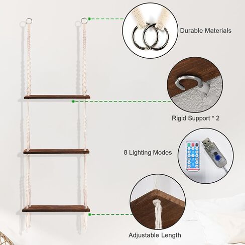 Hanging Shelf with Vine Lights, Macrame Plant Shelf, Wall Shelf, Wall Storage with Handmade Woven Ropes, Floating Shelf, Boho Room Decor Aesthetic for Succulents, Bedroom, Living Room, Bathroom in Kuwait