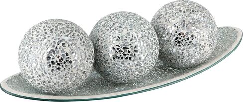 Centerpiece Bowl and Balls Set, Mosaic Glass Tray with 3 Pieces Spheres, 12.9" Decorative Plate with 3" Mosaic Orbs for Home Decor, Gift (Silver) in Saudi Arabia
