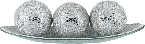 Centerpiece Bowl and Balls Set, Mosaic Glass Tray with 3 Pieces Spheres, 12.9" Decorative Plate with 3" Mosaic Orbs for Home Decor, Gift (Silver) in Saudi Arabia