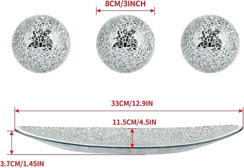 Centerpiece Bowl and Balls Set, Mosaic Glass Tray with 3 Pieces Spheres, 12.9" Decorative Plate with 3" Mosaic Orbs for Home Decor, Gift (Silver) in Saudi Arabia