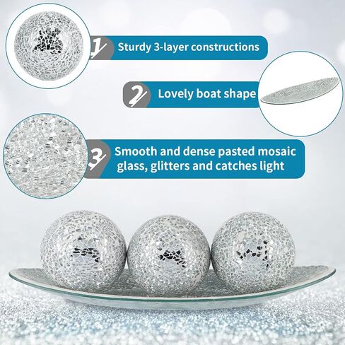 Centerpiece Bowl and Balls Set, Mosaic Glass Tray with 3 Pieces Spheres, 12.9" Decorative Plate with 3" Mosaic Orbs for Home Decor, Gift (Silver) in Saudi Arabia