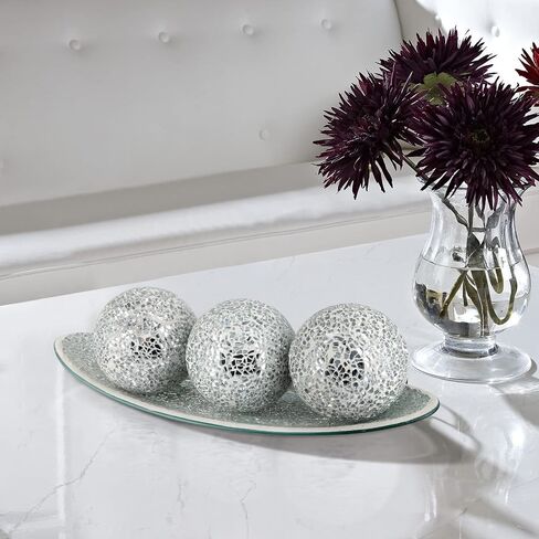 Centerpiece Bowl and Balls Set, Mosaic Glass Tray with 3 Pieces Spheres, 12.9" Decorative Plate with 3" Mosaic Orbs for Home Decor, Gift (Silver) in Saudi Arabia