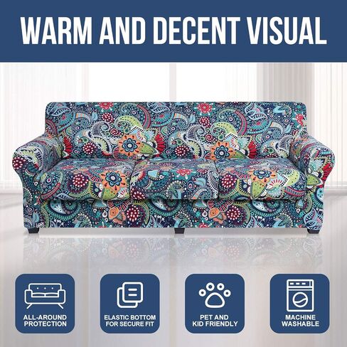 hyha Couch Cover, Floral Pattern, Stretch, Printed, 4 Pieces, Sofa Slipcovers, for 3 Separate Cushion Couch, Washable Furniture Protector for Dogs (Sofa, Vintage Flower) in Saudi Arabia