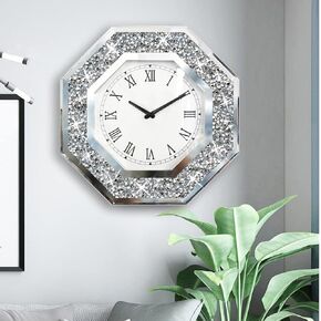 Wall Clock, Octagon Mirror Glass Clock, Cute Diamond 12-inch Non-Ticking Clock for Wall Décor, Perfect Home Decor for Bedroom, Bathroom Motif, Dining Room(Excluding Batteries.)