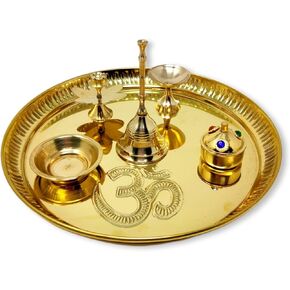 مجموعة بوجا ثالي النحاسية من Hashcart® (8.75 بوصة، متوسط) - Puja Thali Aarti Thali للمنزل Mandir، Temple | ديكور ديوالي، ديوالي ثالي