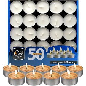 OHR CANDLES Tealight Candles - 50 Pack Bulk Tea Lights Candles - White Tealights Unscented - 4 Hour Burn Time