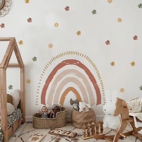 funlife Large Boho Blue Rainbow Wall Decals Peel and Stick, Boho Sun Wall Decal Watercolor Clouds Wall Sticker for Boys Bedroom Decor, Kids Nursery Room Sunrise Playroom Wall Art Decor Decal