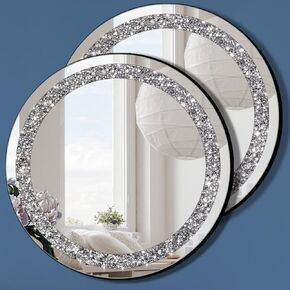 QMDECOR Crystal Crush Diamond Silver Mirror 2 Pack Diameter 12inch Round Shape with Iron Chain Real Glass Mirror for Wall Decor in Saudi Arabia