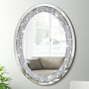 DMDFIRST Crystal Crushed Diamond Oval Shaped Glam Bling Silver Mirror with Silver Chain for Wall Decoration 12x16x0.5 inch Wall Hang Frameless Sparkly Mirror Glass Stunning Home Diamond Decor