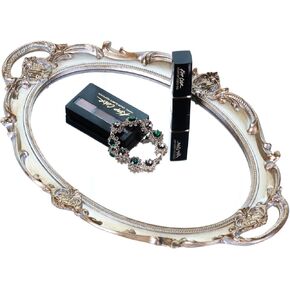 Zosenley Polyresin Ellipse Antique Decorative Mirror Tray, Makeup Organizer, Jewelry Organizer, Serving Tray, 9.8"x 14.6", Gold