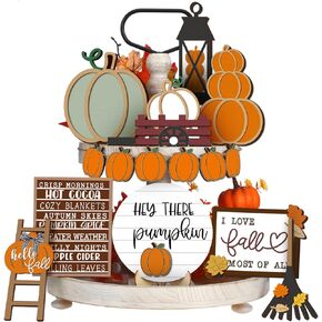 1 Set Fall Tiered Tray Decor Set Autumn Pumpkin Leaves Rustic Farmhouse Decor Thanksgiving Fall Decor Autumn Harvest Decorative Trays Wooden Tabletop Signs for Home Kitchen (Novelty Style)