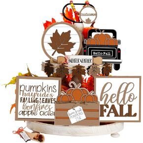 1 Set Fall Tiered Tray Decor Set Autumn Pumpkin Leaves Rustic Farmhouse Decor Thanksgiving Fall Decor Autumn Harvest Decorative Trays Wooden Tabletop Signs for Home Kitchen (Novelty Style)