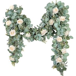 Ouddy Decor Eucalyptus Garland 6.56 Ft Lush Silver Dollar Eucalyptus Leaves Boxwood Artificial Faux Greenery Garland Vines for Baby Shower Wedding Party Table Runner Home Mantle Decor, Champagne