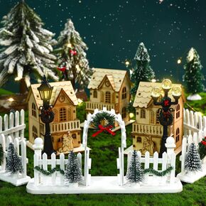 5 Pcs Christmas Village Decorative Fences Entry Gate Lit Figurine Christmas Wreath Tree Picket Fence Snow Accessories for Village Collections Snow Fence Figurine（Brown Series）