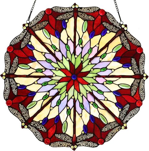 Bieye W10012 Red Dragonfly Tiffany Style Stained Glass Window Panel with Chain, Round Shape, 22 inches Wide in Saudi Arabia