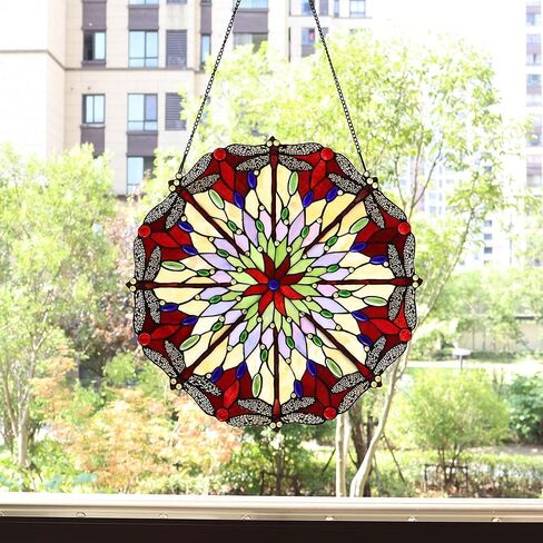 Bieye W10012 Red Dragonfly Tiffany Style Stained Glass Window Panel with Chain, Round Shape, 22 inches Wide in Saudi Arabia