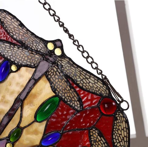 Bieye W10012 Red Dragonfly Tiffany Style Stained Glass Window Panel with Chain, Round Shape, 22 inches Wide in Saudi Arabia