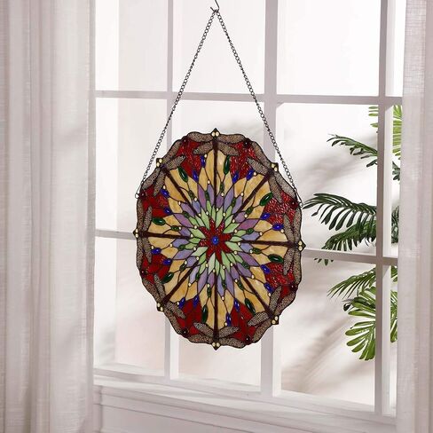 Bieye W10012 Red Dragonfly Tiffany Style Stained Glass Window Panel with Chain, Round Shape, 22 inches Wide in Saudi Arabia