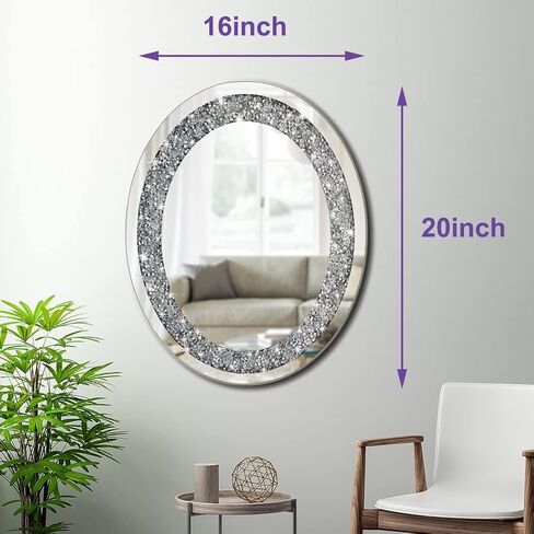 DMDFIRST كريستال سحق الماس البيضاوي على شكل مرآة فضية جلام بلينغ لتزيين الجدران 16x20x0.9 بوصة الجدار شنق بدون إطار مرآة سباركلي الزجاج مذهلة ديكور المنزل الماس in Kuwait