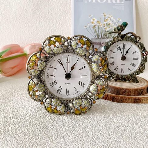 Vintage Mini Analog Table Clock, Silent Small Table Clock with Hand-Painted Metal Body and Battery Operated Non-Ticking Clock Core for Shelf, Bedroom, Bedside, Desk, Gift Clock in Kuwait