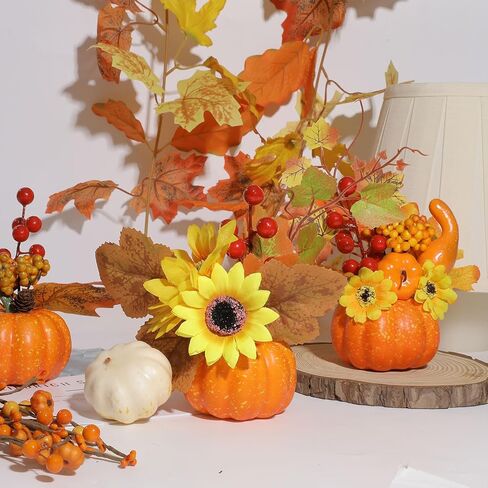 6 قطع من اليقطين الاصطناعي لعيد الشكر من U'Artlines، قرع مزيف صغير مع أوراق القيقب والتوت والزهور الاصطناعية لحصاد الخريف والهالوين وعيد الشكر لتزيين طاولة عيد الشكر in Kuwait