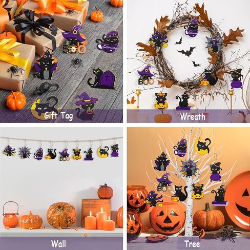 36 قطعة من الحلي الخشبية للهالوين، 12 نمطًا من زخارف شجرة الهالوين المخيفة لبيت المزرعة والقطط السوداء المعلقة الحلي المعلقة لشجرة الهالوين لديكورات حفلات الهالوين in Kuwait