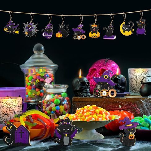 36 قطعة من الحلي الخشبية للهالوين، 12 نمطًا من زخارف شجرة الهالوين المخيفة لبيت المزرعة والقطط السوداء المعلقة الحلي المعلقة لشجرة الهالوين لديكورات حفلات الهالوين in Kuwait