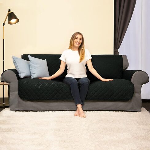 SUBRTEX Chair and a Half Cover Small Sofa Couch Oversize Chair Slipcover Reversible Quilted Furniture Protector with Elastic Straps Washable for Living Room for Kids Pets (Chair and a Half, Black) in Saudi Arabia