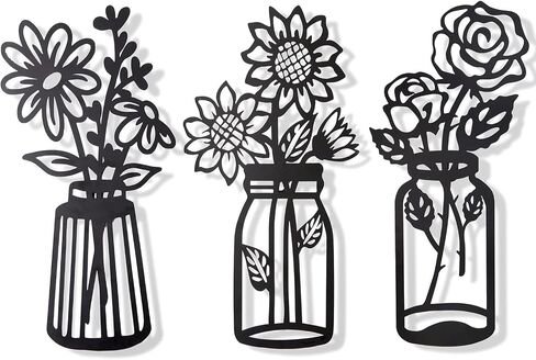 Set of 3 Metal Flowers Wall Decor Metal Flower Minimalism Metal Flower Wall Art Decor Wall Art Black Flower Iron Decor Metal Wall Sculpture for Patio Balcony Bathroom Decor Wall Art Bathroom Decor in Saudi Arabia