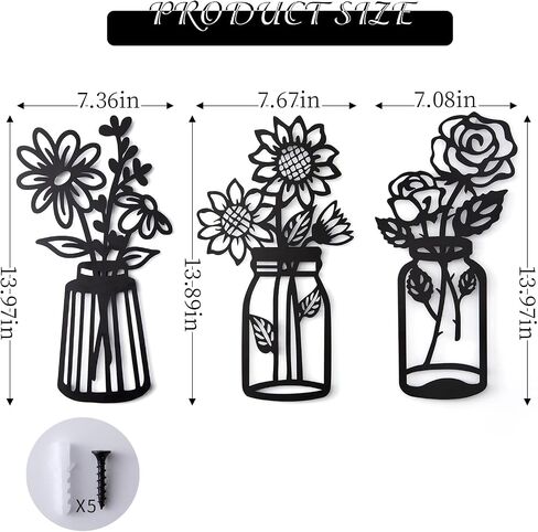 Set of 3 Metal Flowers Wall Decor Metal Flower Minimalism Metal Flower Wall Art Decor Wall Art Black Flower Iron Decor Metal Wall Sculpture for Patio Balcony Bathroom Decor Wall Art Bathroom Decor in Saudi Arabia