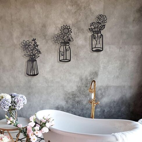 Set of 3 Metal Flowers Wall Decor Metal Flower Minimalism Metal Flower Wall Art Decor Wall Art Black Flower Iron Decor Metal Wall Sculpture for Patio Balcony Bathroom Decor Wall Art Bathroom Decor in Saudi Arabia