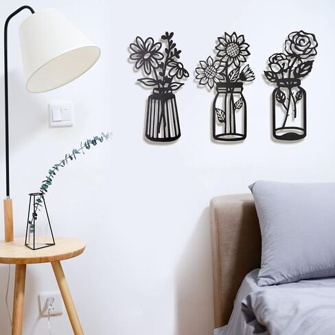 Set of 3 Metal Flowers Wall Decor Metal Flower Minimalism Metal Flower Wall Art Decor Wall Art Black Flower Iron Decor Metal Wall Sculpture for Patio Balcony Bathroom Decor Wall Art Bathroom Decor in Saudi Arabia