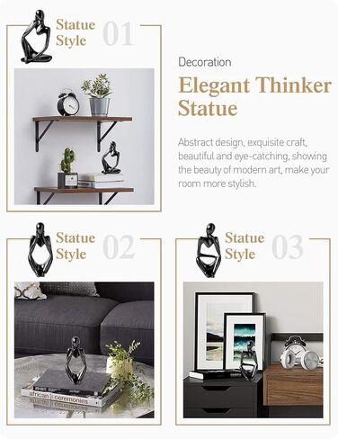 NJCHARMS Thinker Statue Black Decor 3 Pcs, Bookshelf Decor, White Resin Sculpture for Book Shelf, Office, Living Room,Shelf Decoration in Saudi Arabia