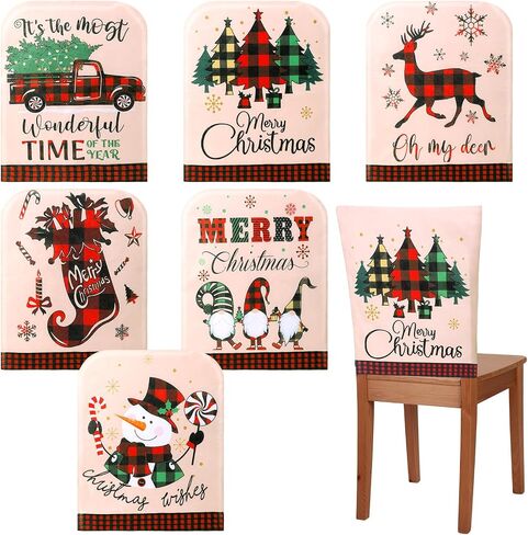 6 Pcs Christmas Chair Cover Santa Claus Hat Elf Shoes Buffalo Plaid Felt Dining Chair Slipcovers Merry Christmas Chair Back Covers for Xmas Banquet Kitchen Holiday Party Decor (Classic Style) in Kuwait