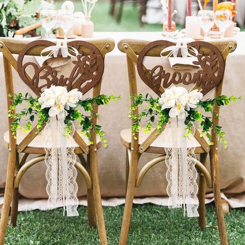 Bride and Groom Chair Decorations Bride and Groom Floral Chair Signs Wedding Chair Signs Wooden Rustic Mr Mrs Chair Signs with Chiffon Ribbons for Church Chair Bench in Saudi Arabia