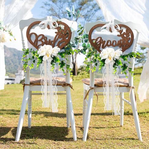Bride and Groom Chair Decorations Bride and Groom Floral Chair Signs Wedding Chair Signs Wooden Rustic Mr Mrs Chair Signs with Chiffon Ribbons for Church Chair Bench in Saudi Arabia