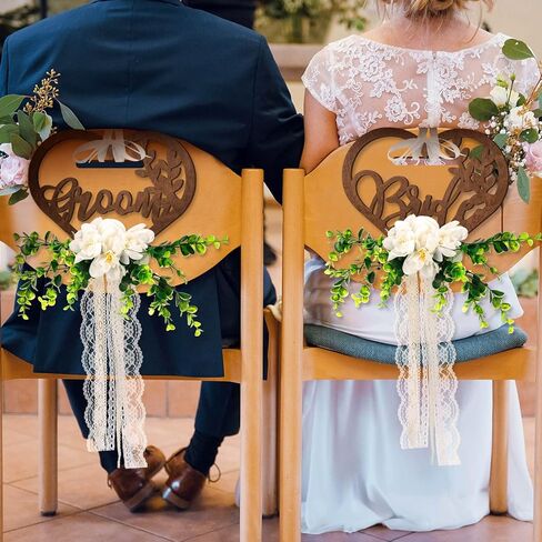 Bride and Groom Chair Decorations Bride and Groom Floral Chair Signs Wedding Chair Signs Wooden Rustic Mr Mrs Chair Signs with Chiffon Ribbons for Church Chair Bench in Saudi Arabia