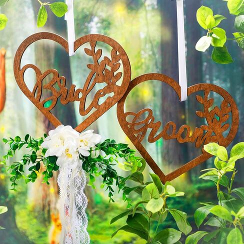 Bride and Groom Chair Decorations Bride and Groom Floral Chair Signs Wedding Chair Signs Wooden Rustic Mr Mrs Chair Signs with Chiffon Ribbons for Church Chair Bench in Saudi Arabia