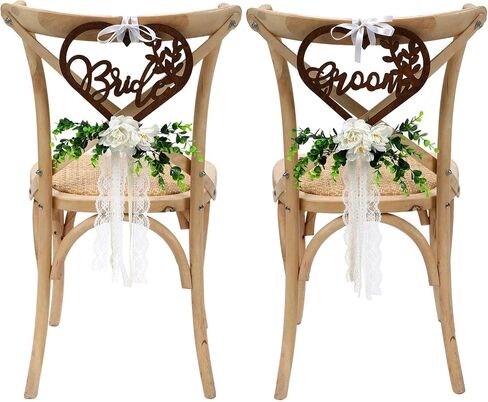 Bride and Groom Chair Decorations Bride and Groom Floral Chair Signs Wedding Chair Signs Wooden Rustic Mr Mrs Chair Signs with Chiffon Ribbons for Church Chair Bench in Saudi Arabia