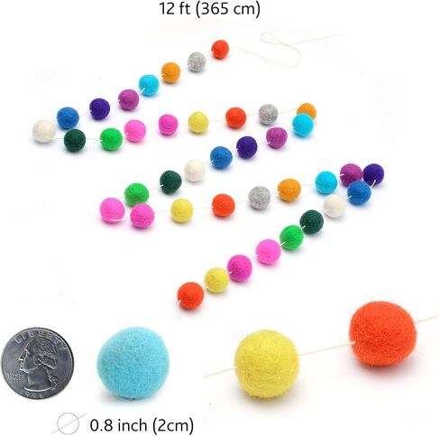 Glaciart One Pom Pom Garland - إكليل كرة من اللباد الصوفي - 12 قدمًا، 40 كرة، 13 لونًا قوس قزح، زخارف بوم بوم، السيرك، ديكور الحضانة، الرايات، ديكورات حفلات أعياد الميلاد، كرنفال، دعامة للصور in Kuwait