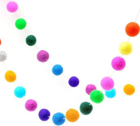 Glaciart One Pom Pom Garland - إكليل كرة من اللباد الصوفي - 12 قدمًا، 40 كرة، 13 لونًا قوس قزح، زخارف بوم بوم، السيرك، ديكور الحضانة، الرايات، ديكورات حفلات أعياد الميلاد، كرنفال، دعامة للصور in Kuwait