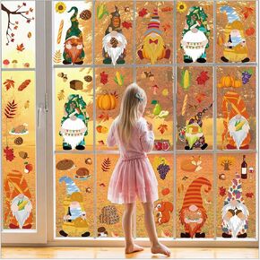 Fall Gnome Window Clings Fall Window Clings for Glass Autumn Window Stickers Tomte Elf Window Decals Gnome Maple Leaf Corn Pumpkin Flowers Design for Thanksgiving Window Decorations 9 Sheets