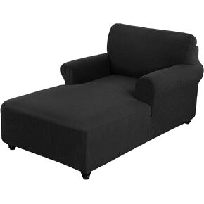Chaise Cover, Stretch Chaise Lounge Covers, Chaise Chair Slipcover, Sofa Chaise Cover with Double Arm, Jacquard Fabric Small Checks Furniture Protector Couch Soft with Elastic Bottom（Black，M） in Kuwait