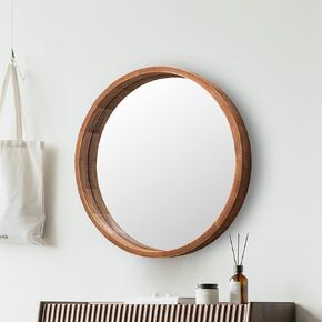 Round Wood Mirror 24 Inch Farmhouse Wall Mirror Wooden Framed Brown Circle Mirror for Bathroom in Saudi Arabia