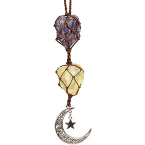 Hanging Car Ornament Natural Gemstone Healing Crystals Ornaments Moon and Star, Rearview Mirror Decoration Home Decor (Amazonite+rose Quartz)