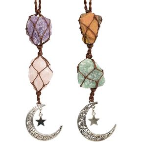 Hanging Car Ornament Natural Gemstone Healing Crystals Ornaments Moon and Star, Rearview Mirror Decoration Home Decor (Amazonite+rose Quartz)