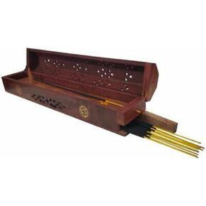 Wooden Incense Box, Agarbati Holder Wooden Hand Carved Incense Burner, Incense Holder, Brass Inlays & Storage Incense Holder Stand, Incense Stick Stand Handmade (12x2.5x3 inch) Peace