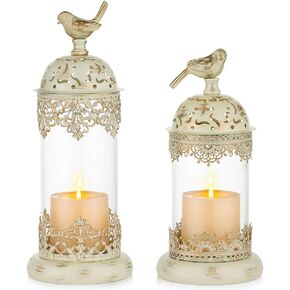 Nuptio Antique Pillar Candle Holders Set of 2, Black Hurricane Candle Sticks Holder with Bird Shaped Ornaments for Wedding Party Dining Table Home Centerpieces Housewarming Gift in Saudi Arabia