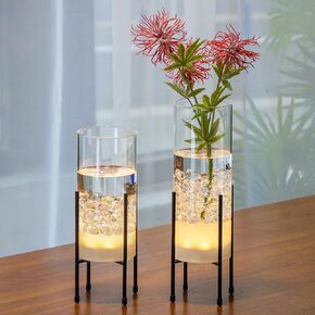 Flower Vase for Decor, Glass Table Vase Set, Clear Vase with Gold Stand, Modern Decorative with Timer LED Lights Battery Operated, Centerpiece/Wedding/Party (Set of 2)